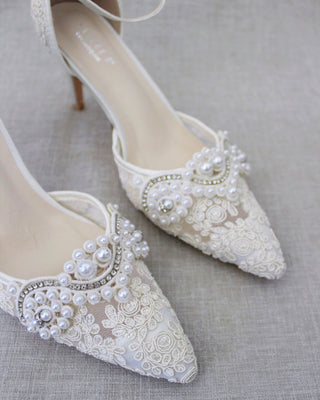 Ivory Crochet Lace Pointy Toe Heels with Small Pearls AppliqueWomen Shoes