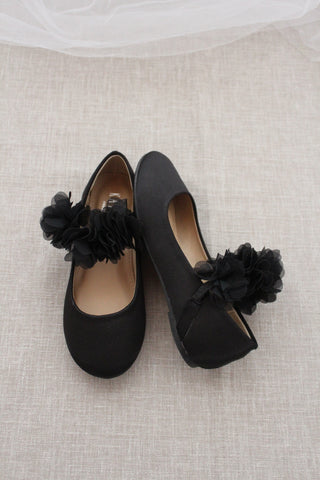 Black Satin Mary Jane Flats with Chiffon FlowersKids Shoes