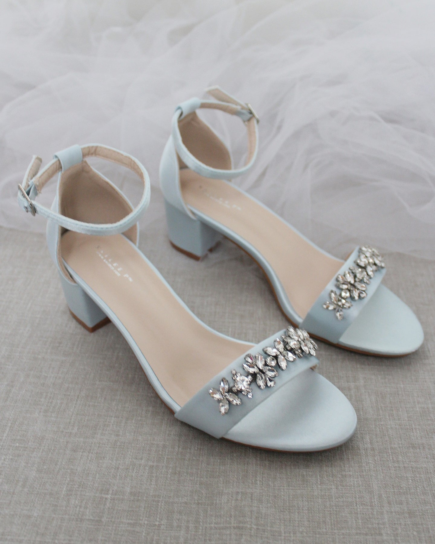 Light Blue Satin Block Heel Sandals with Floral Rhinestones on Upper ...