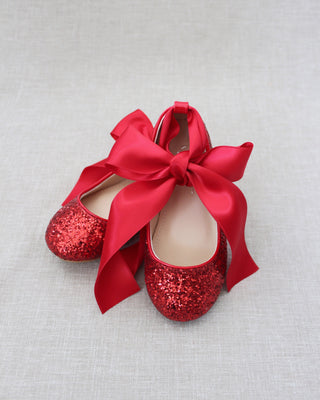 Red Glitter Girls Ballet Flats with Ribbon Ties