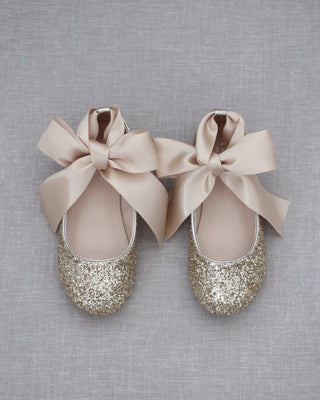 Gold Glitter girls Ballet Flats with Ribbon Ties