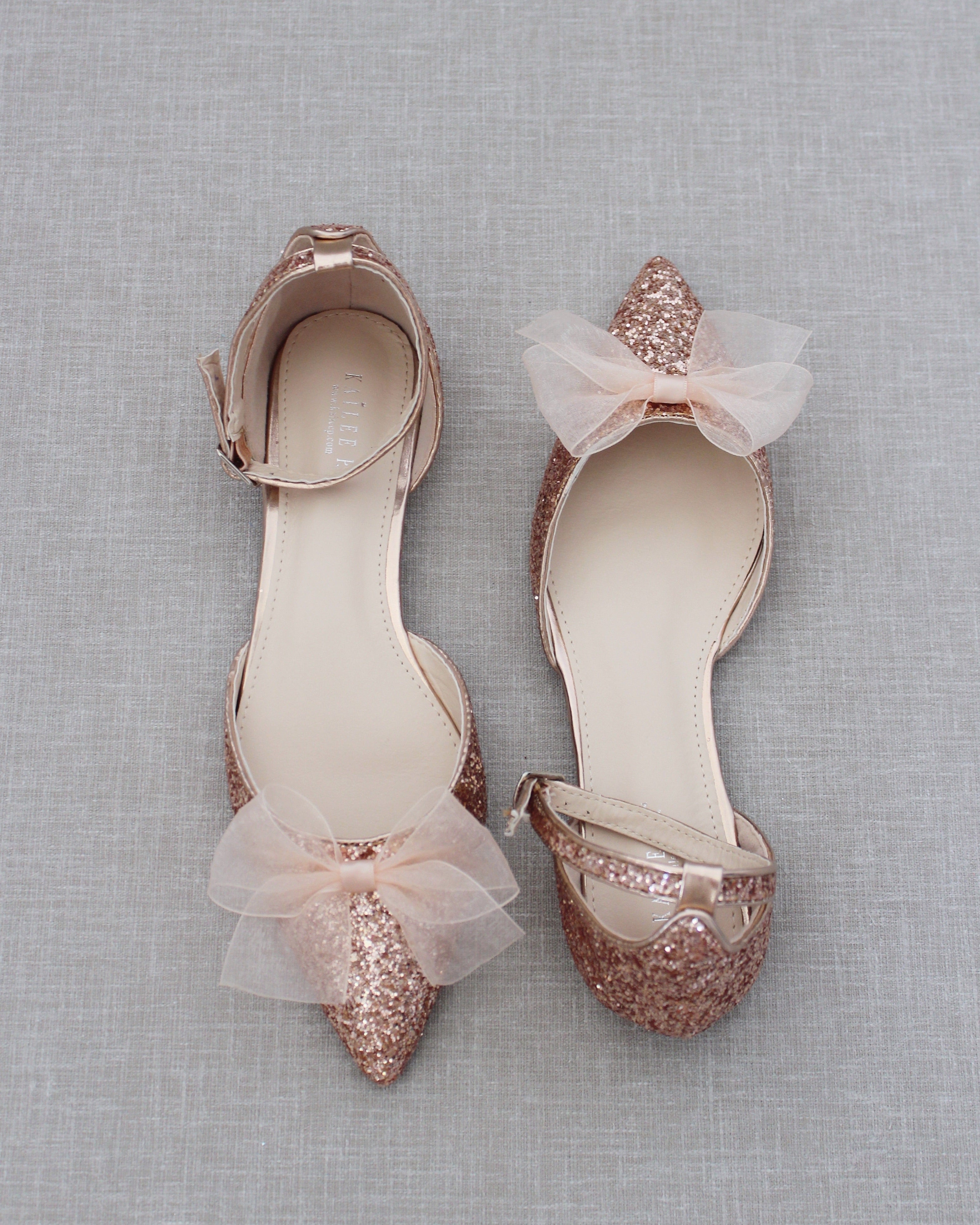 Rose Gold Rock Glitter Ankle Strap Flats with Organza Bow Bridal shoes