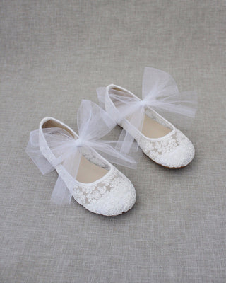 Crochet Lace Mary Jane Flats with Tulle Bow