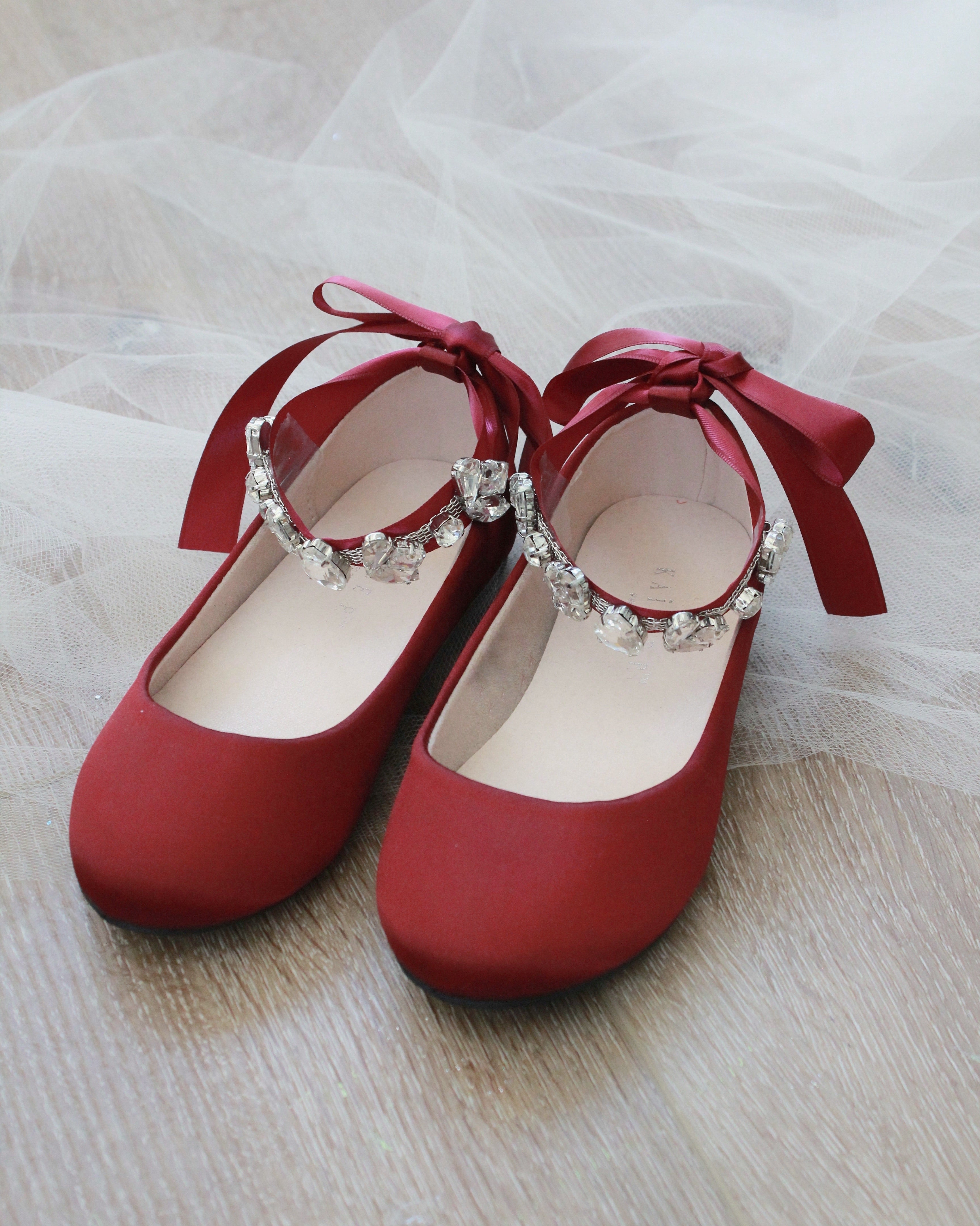 Burgundy Satin Ballet Flats with Navette Cluster Rhinestones on