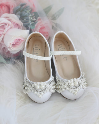 Girls WHITE Satin Maryjane Flats with Oversized Lace And Pearls Applique ,Kids Shoes- Kailee P