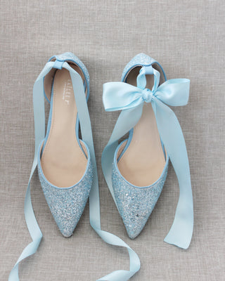 Rock Glitter Pointy Toe Flats with Satin Ankle Tie or Ballerina Lace UpWomen Shoes
