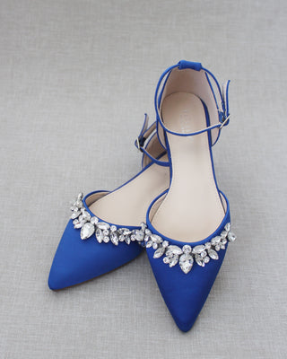 Satin Pointy Toe Flats with Teardrop Rhinestones Embellishments