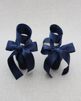 Navy Satin Block Heel Sandal with Wrapped Satin Tie