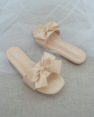 Champagne Satin Slip on Sandals with Satin Bow