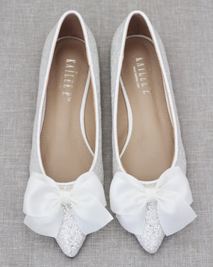 Pointy Toe Glitter Flats with Satin Bow