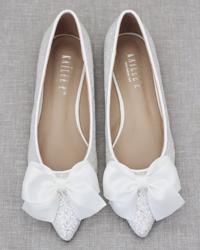 white glitter pointy toe wedding flats with bow