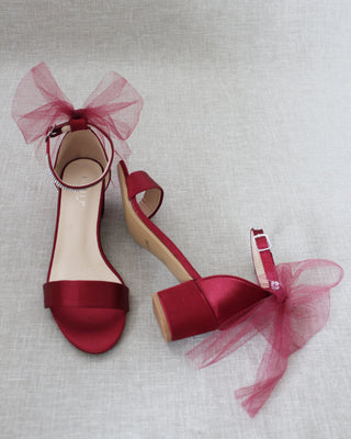 Burgundy Red Women Block Heel Sandals with Tulle Bow