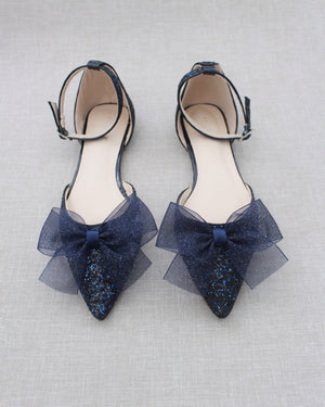 Rock Glitter Pointy Toe Flats with Organza Bow