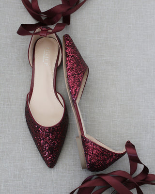 Rock Glitter Pointy Toe Flats with Satin Ankle Tie or Ballerina Lace UpWomen Shoes