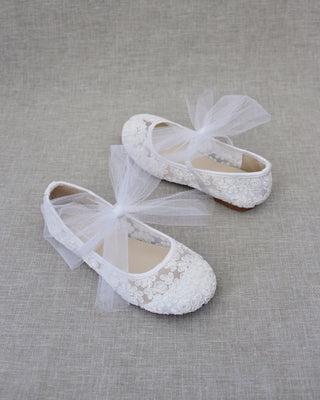 Crochet Lace Mary Jane Flats with Tulle Bow