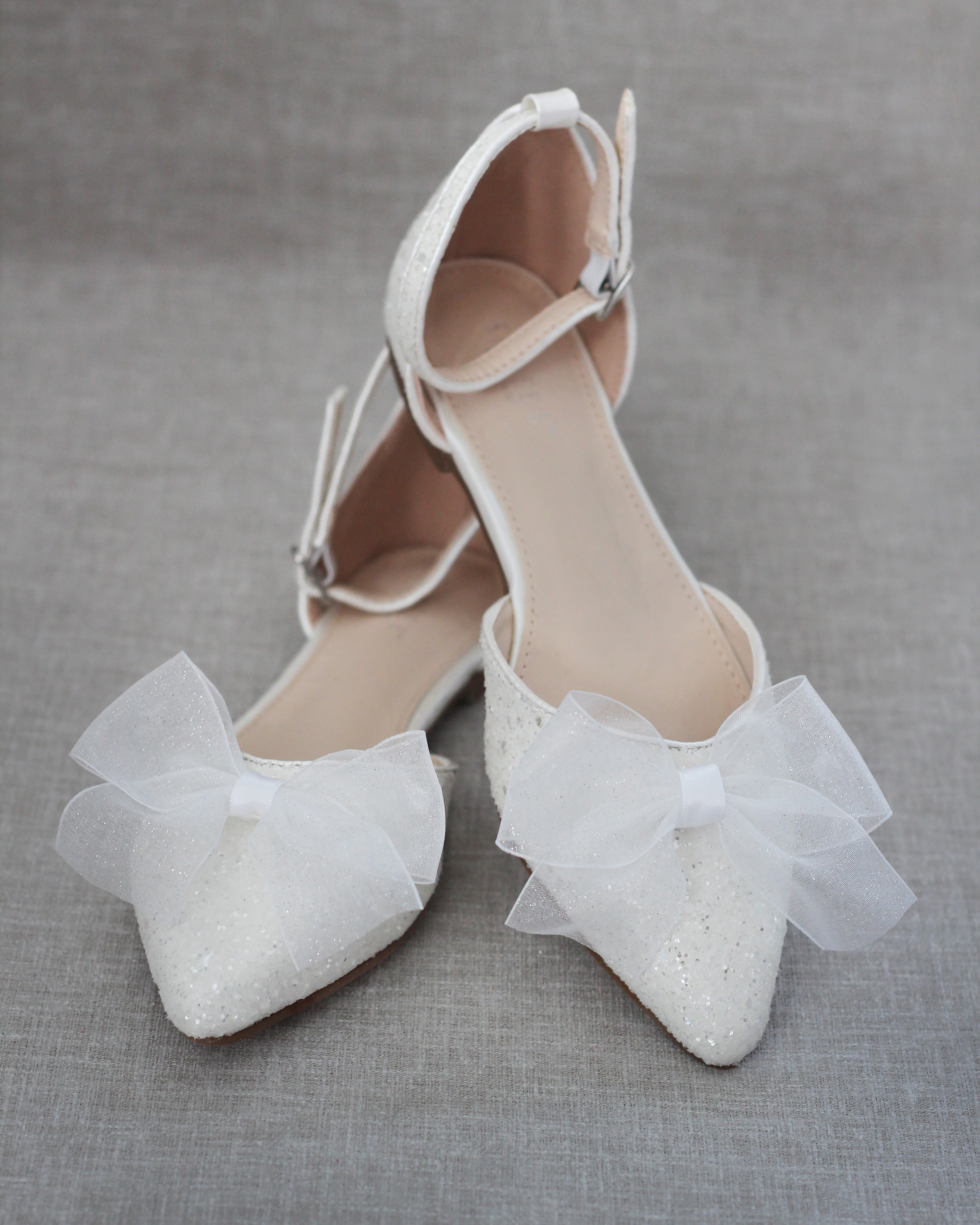 White Rock Glitter Pointy Toe Flats with Organza Bow, Women Flats