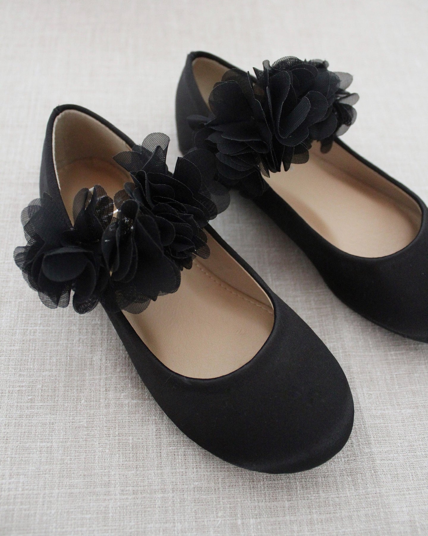 Black Satin Mary Jane Flats with Chiffon Flowers Flower Girl