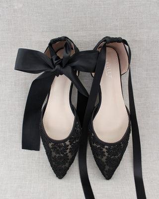 Black Crochet Lace Pointy Toe with Ballerina Lace Up or Ankle TieWomen Shoes