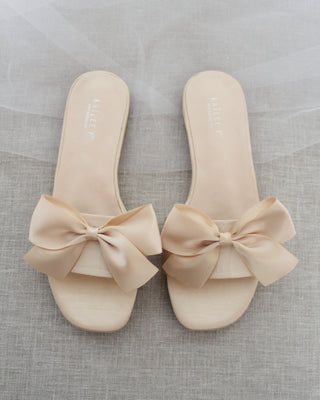 Champagne Satin Slip on Sandals with Satin Bow