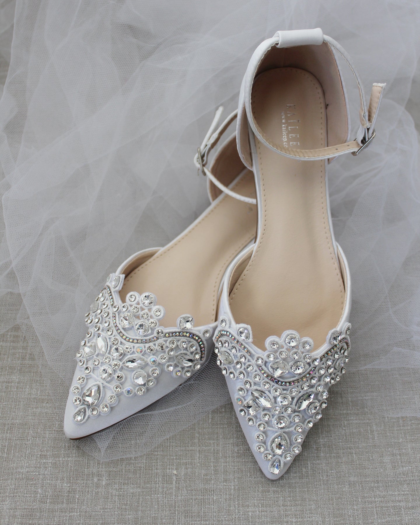 White Satin Pointy Toe Flats with Rhinestones Applique Embellishments - Wedding Shoes, Bridal Shoes, Bridesmaids Shoes US 6 / UK 4 / EU 36 / Oversized