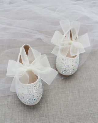Ivory Rhinestone Kids Flats with Chiffon Bow