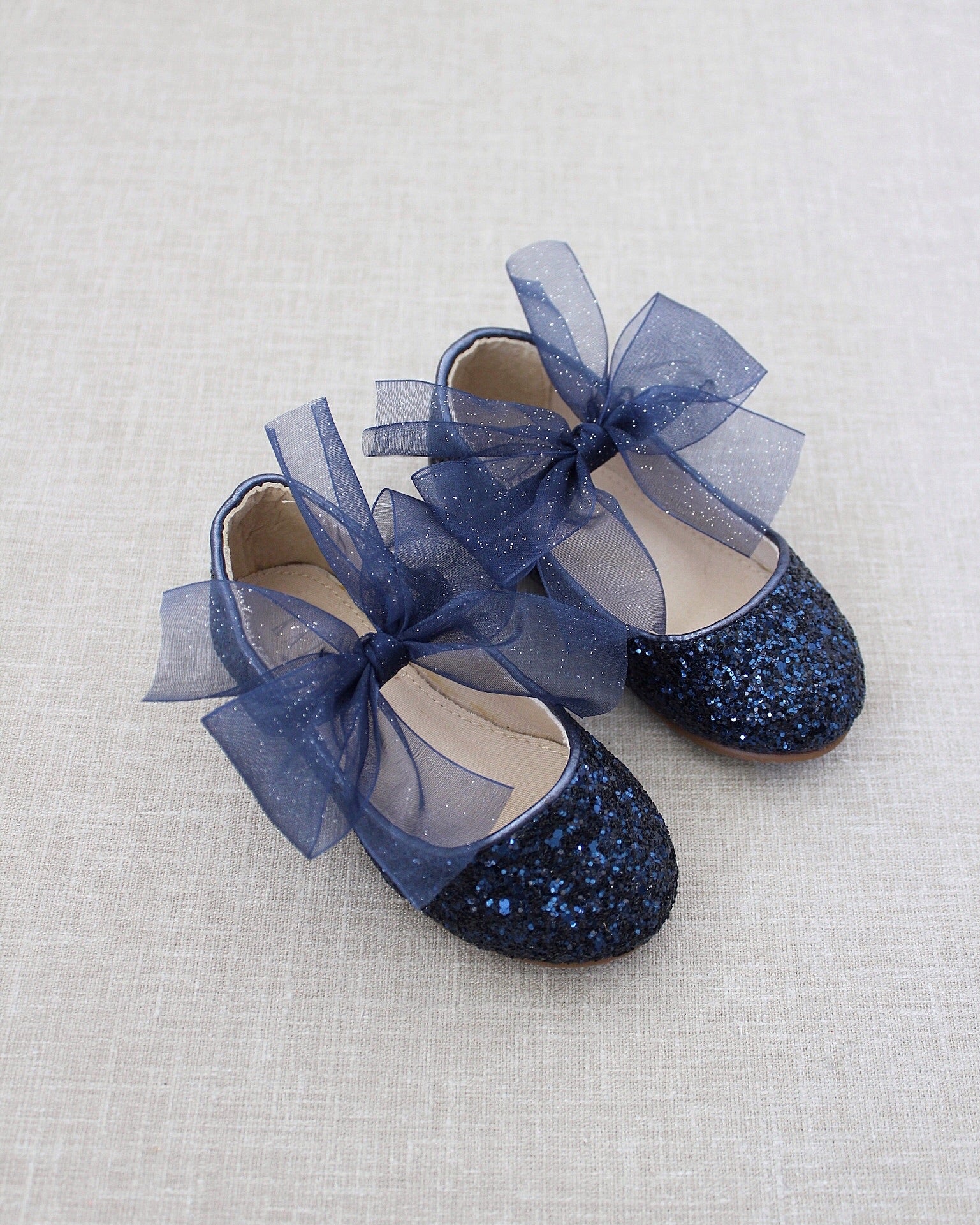 Navy Rock Glitter Maryjane Flats with Chiffon Bow, Flower Girls Shoes