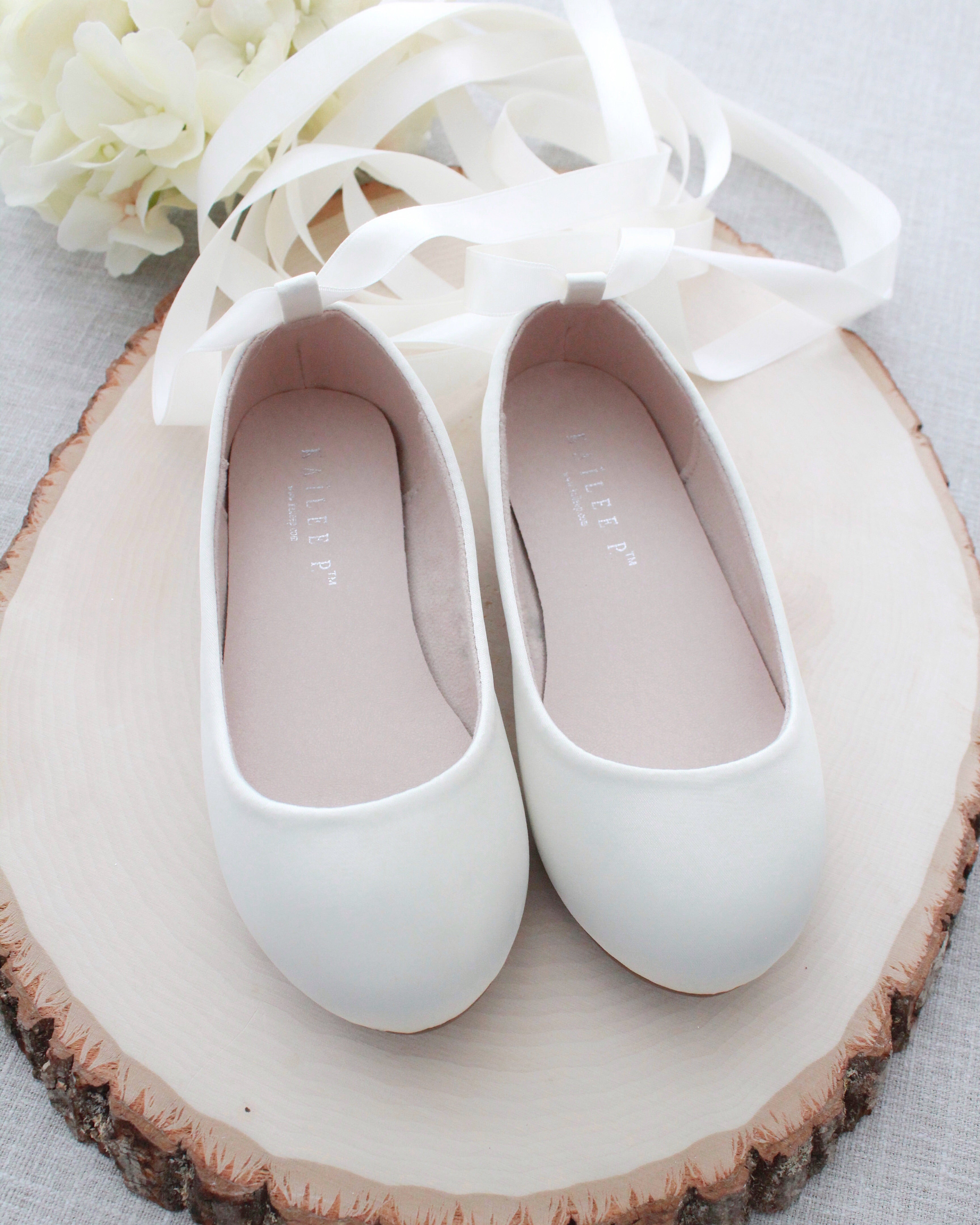 White Ballet Little Girl Ballet Flats Ivory Satin Ankle Tie Or