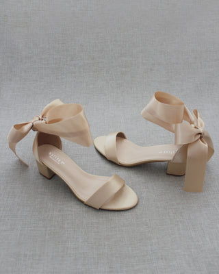 Champagne Women Block Heel Sandals with Ribbon Ties