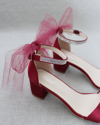    Burgundy Red Women Block Heel Sandals with Tulle Bow