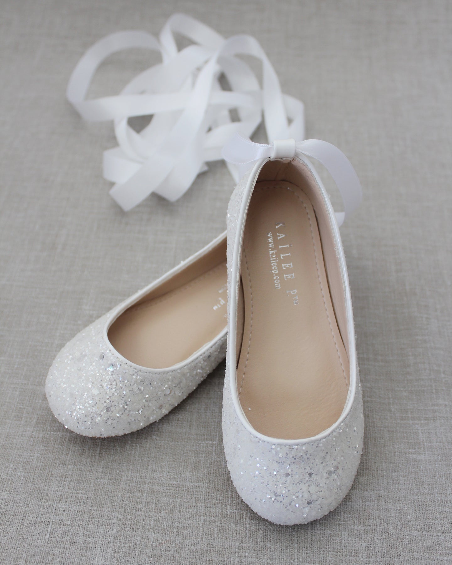 White Rock Glitter Ballet Flats With Satin Ankle Strap - Flower Girls ...