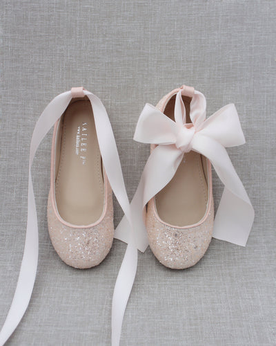 Pink Glitter Girls Ballet Flats with Ribbon Ties
