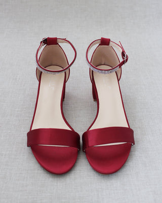 Burgundy Red Women Block Heel Sandals with Rhinestone Straps