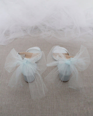 Satin Block Heel Sandals with Tulle Back Bow with Embellished Rhinestones Strap
