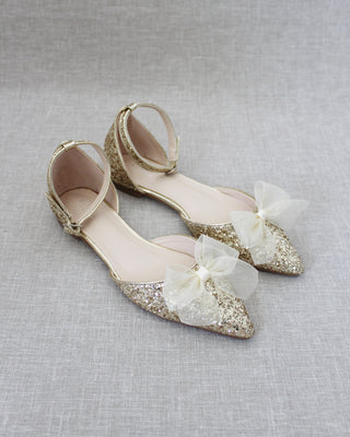 Gold Glitter Women Flats with Chiffon Bows