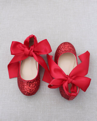 Red Glitter Girls Ballet Flats with Ribbon Ties