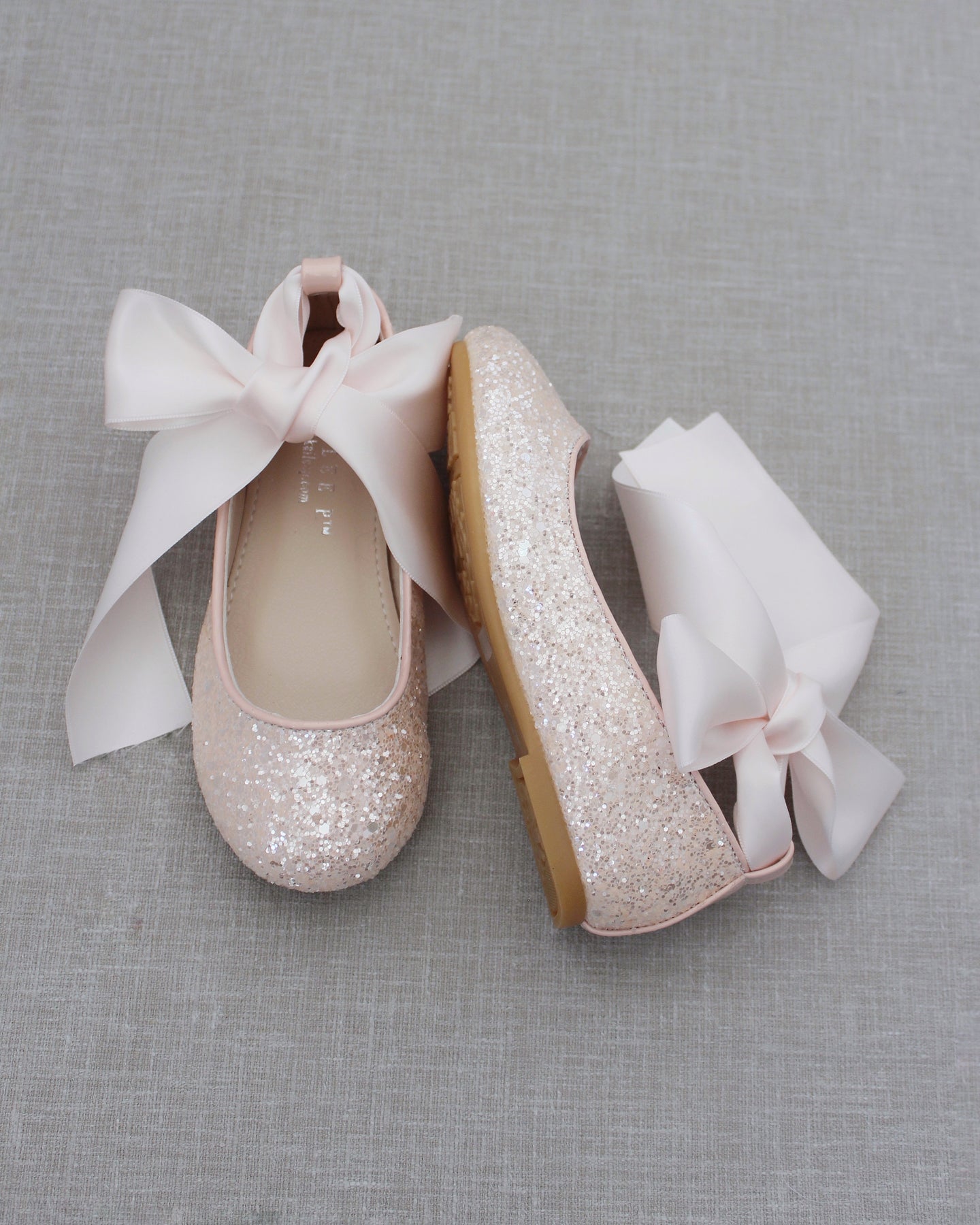 Dusty Pink Rock Glitter Ballet Flats With Satin Ankle Strap - Flower ...