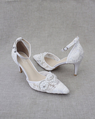 White Crochet Lace Pointy Toe HEELS with Small Pearls AppliqueWomen Shoes