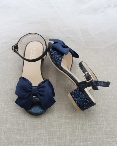 Navy Blue Glitter Block Heel Sandals with Bow