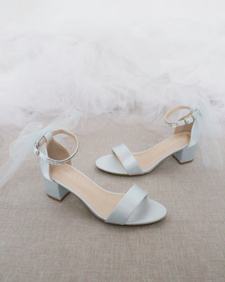 Satin Block Heel Sandals with Tulle Back Bow with Embellished Rhinestones Strap