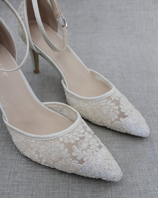 Ivory Crochet Lace Pointy Toe Heels with Ankle StrapWomen Shoes