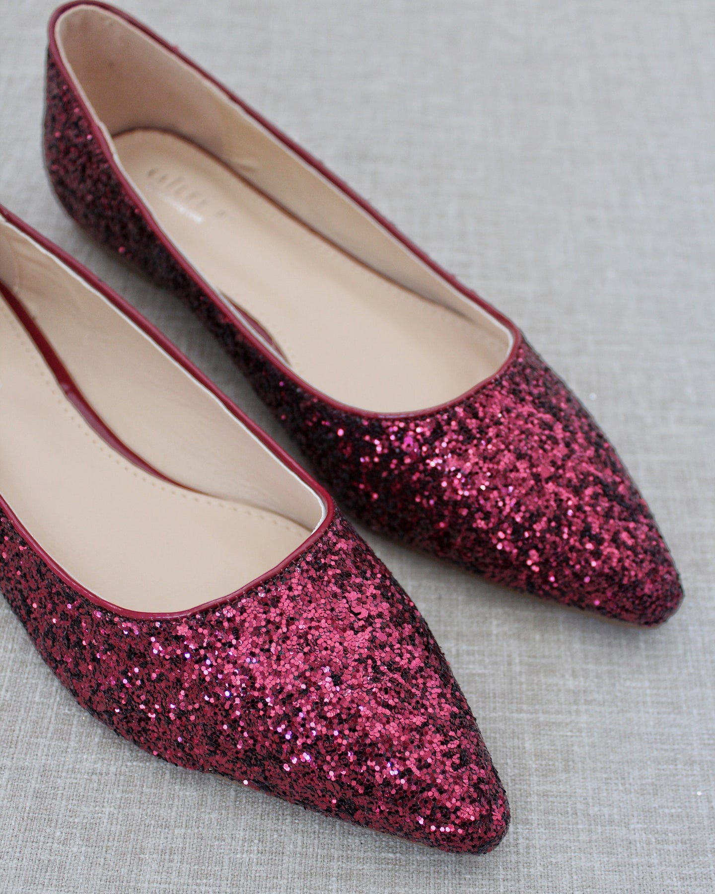 Red Pointy Toe Glitter Flats, Evening Shoes, Bridesmaids Shoes 8.5