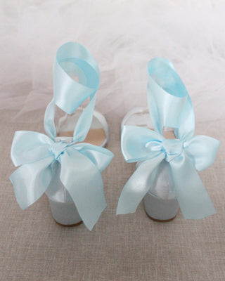 Light Blue Block Heel Sandals with Ribbon Ties