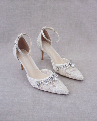 Ivory Crochet Lace Pointy Toe Heels with Teardrop Rhinestones EmbellishmentsWomen Shoes