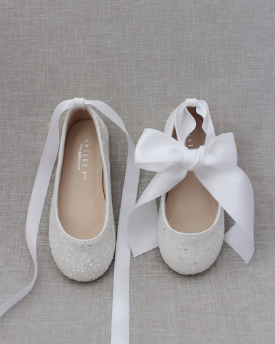 White Glitter Girls Flats with Ribbon Ties