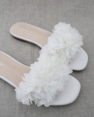 Satin Slide Wedding Sandals with Allover Chiffon Flowers
