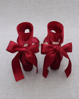 Burgundy Red Block Heel Sandals with Satin Ties