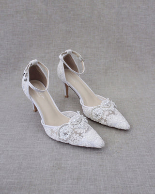 White Crochet Lace Pointy Toe HEELS with Small Pearls AppliqueWomen Shoes