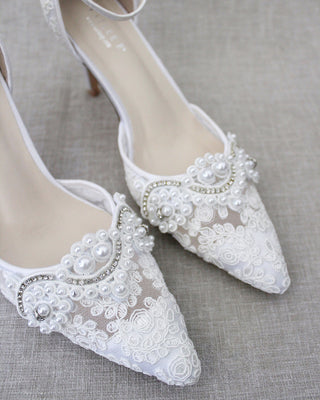 White Crochet Lace Pointy Toe HEELS with Small Pearls AppliqueWomen Shoes