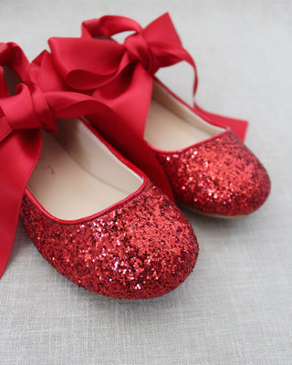 Red Glitter Girls Ballet Flats with Ribbon Ties