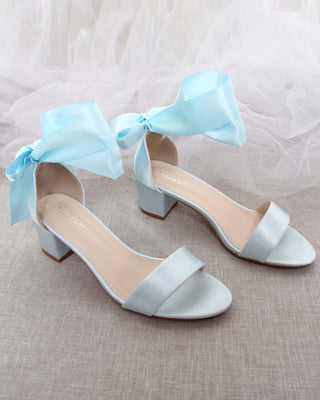 Light Blue Block Heel Sandals with Ribbon Ties